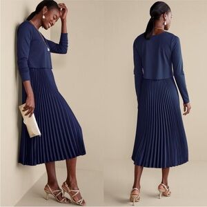 Soft Surroundings Cassandra Midi Dress Pleated Satin Skirt Navy Blue Large P